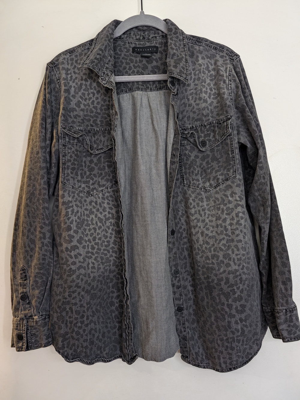 Sanctuary Gray Leopard-Print Button Down Denim Shirt